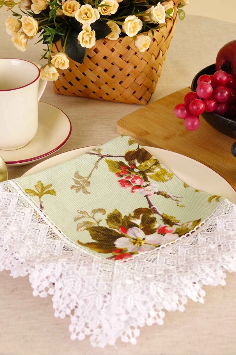 Салфетка из рогожки с кружевом 009 Яблоневый цвет (зеленый) (вид 4)