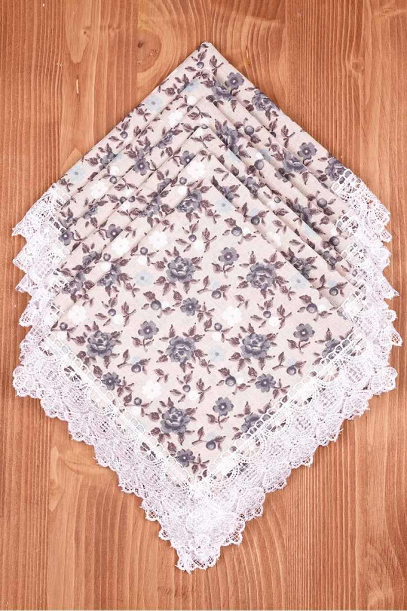 Салфетка полулен с кружевом 022 Букетики маков (серый) (вид 8)