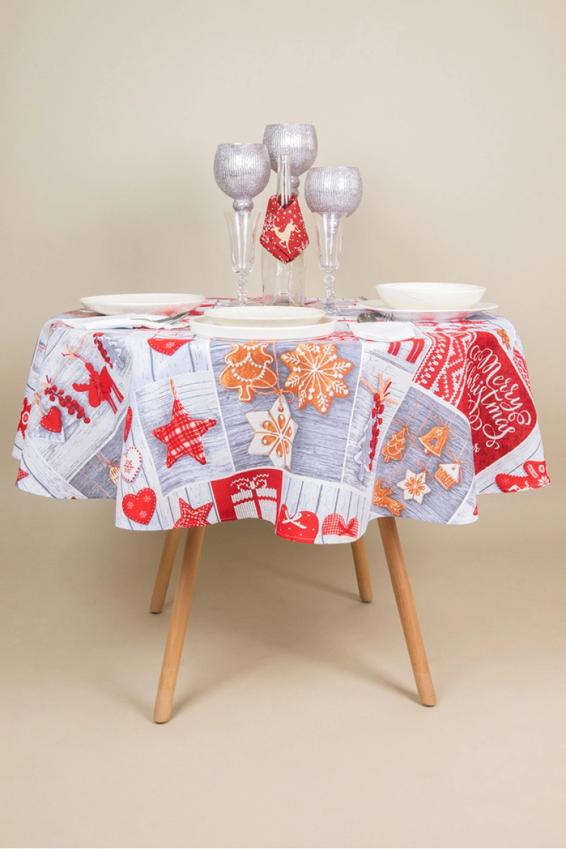 Скатерть круглая рогожка "Диз" Счастливого Рождества (145х145 см)