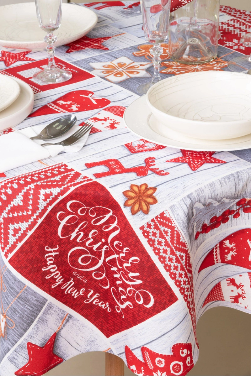 Скатерть круглая рогожка "Диз" Счастливого Рождества (145х145 см)