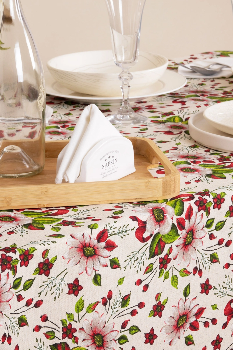 Скатерть полулен "ГОС" Герберы (красный)