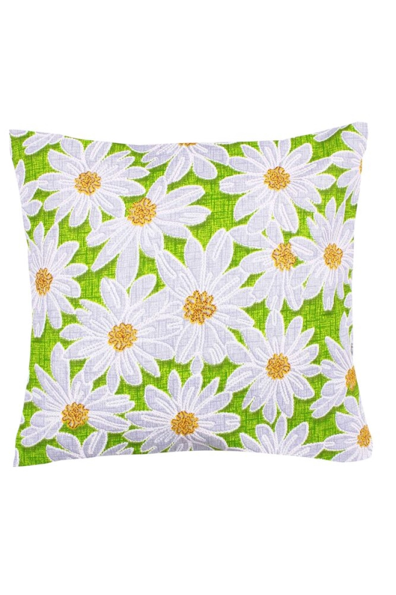 Декоративная наволочка на молнии из рогожки "Диз" Ромашки (зеленый)