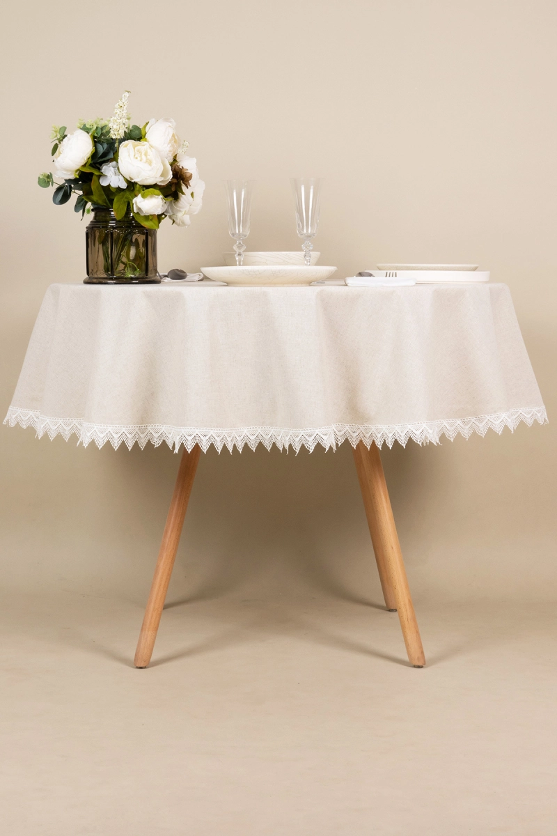 Скатерть круглая с кружевом полулен "ГОС" Льняная (вид 14) (145х145 см)