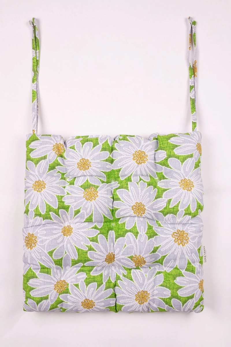 Подушка на стул из рогожки "Диз" Ромашки (зеленый) (М-9)