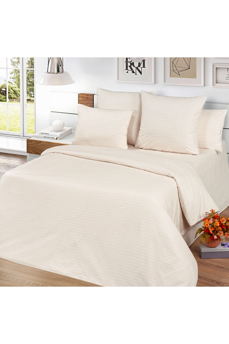 Простыня на резинке страйп-поплин "МИЛАН" "Полоса-Бежевый" арт. 12245-2 (полоса 1х1)