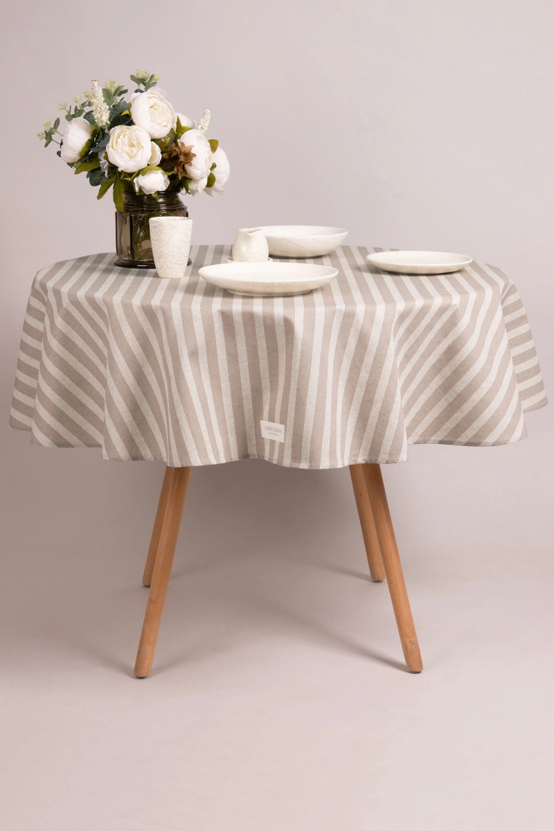 Скатерть круглая полулен "ГОС" Полоса (мокко + бежевый) (145х145 см)