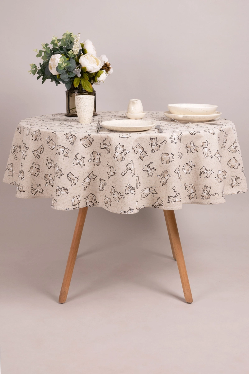 Скатерть круглая полулен "ГП" Китти (чёрный) (145х145 см)