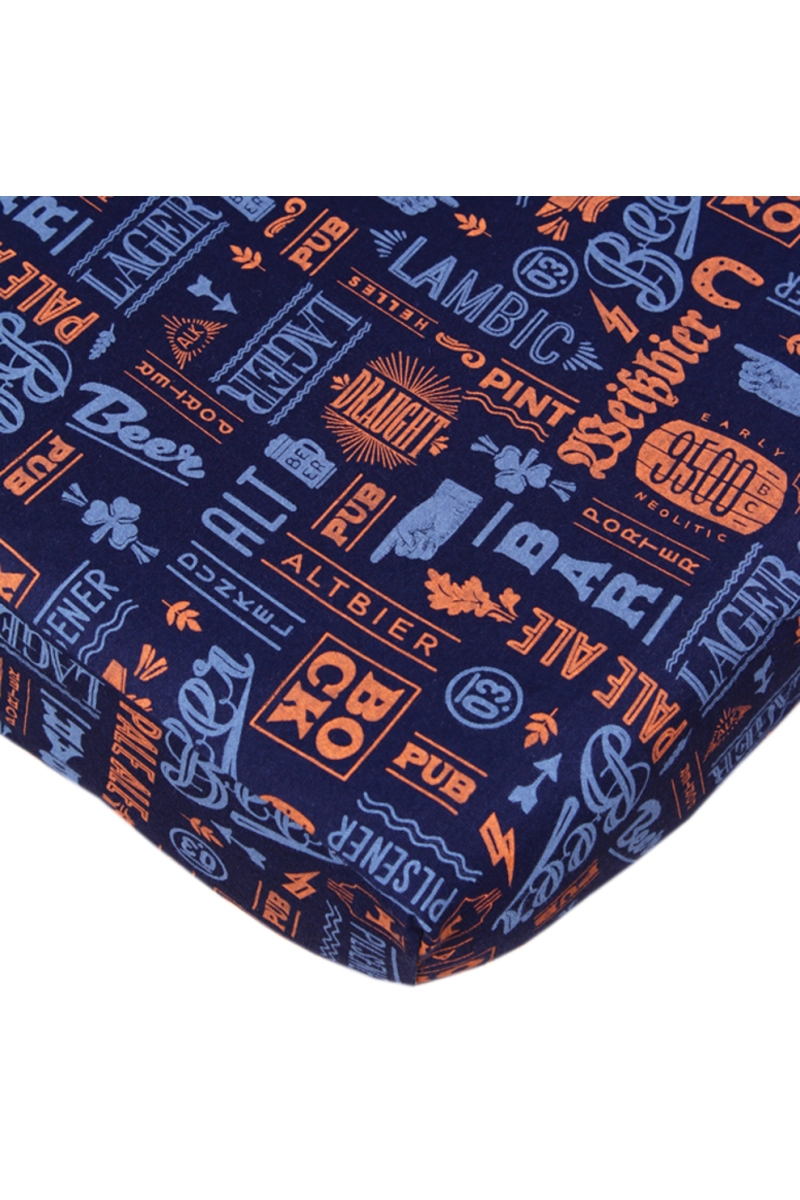 Простыня трикотажная на резинке 056 - лагер в оранж. стиле (темно-синий) (2212-V2) (145г)